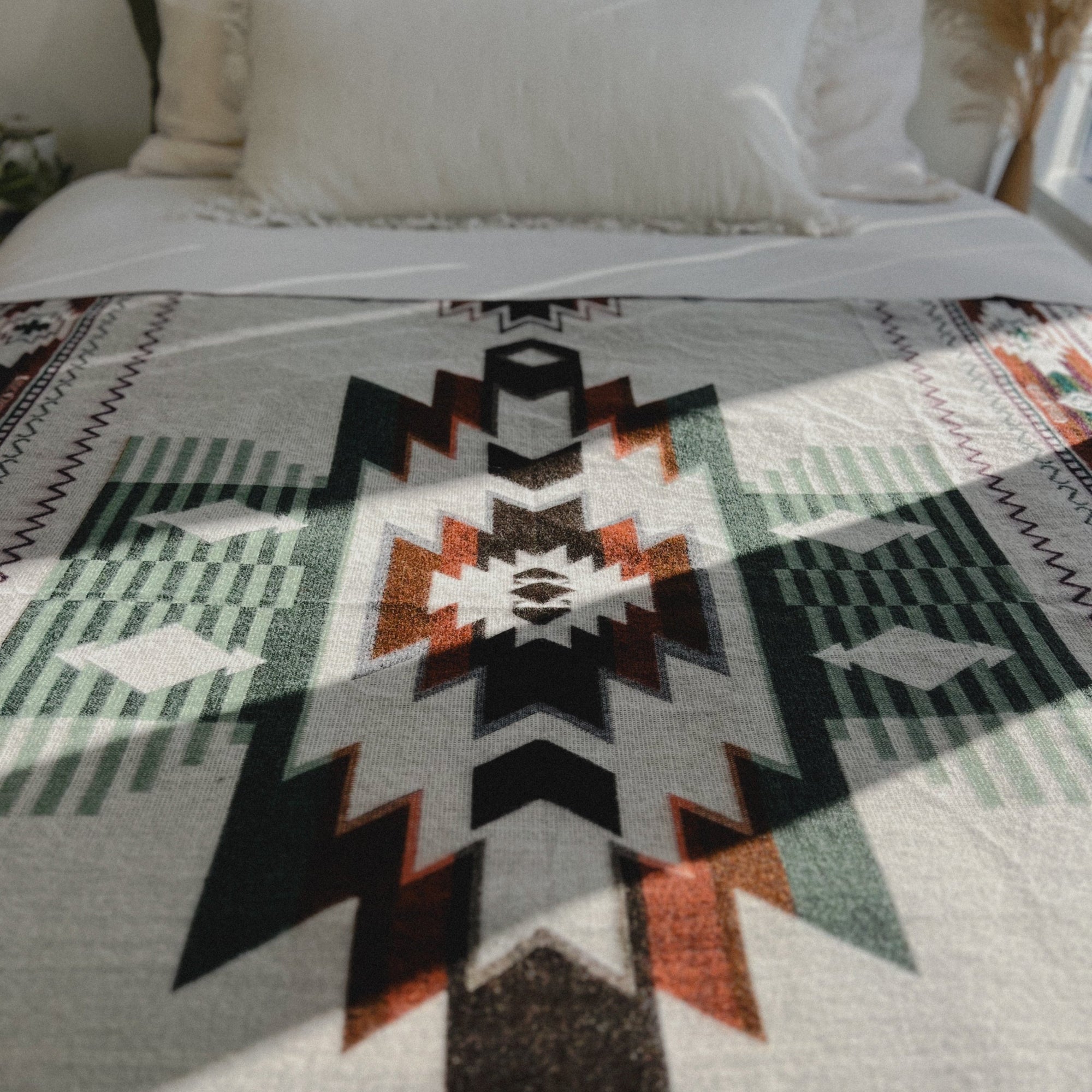 Quilotoa Aztec Reversible Blanket  //  Soft Green/Rust/Brown